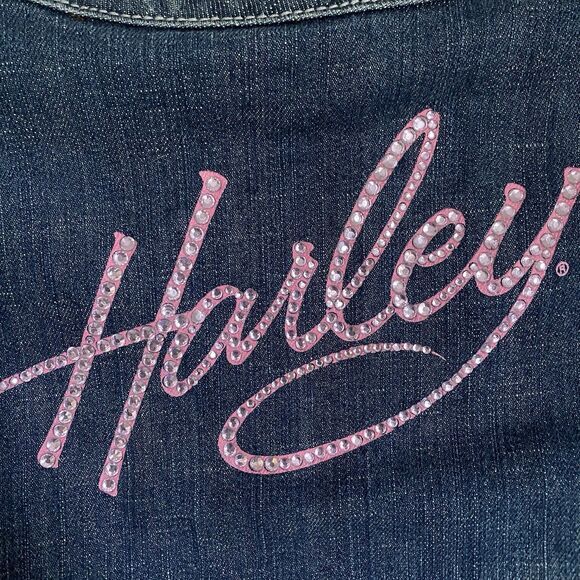 Harley Davidson Vest Jean S Blue Zip Up Embroidered Rhinestones Tie Back - Picture 5 of 12